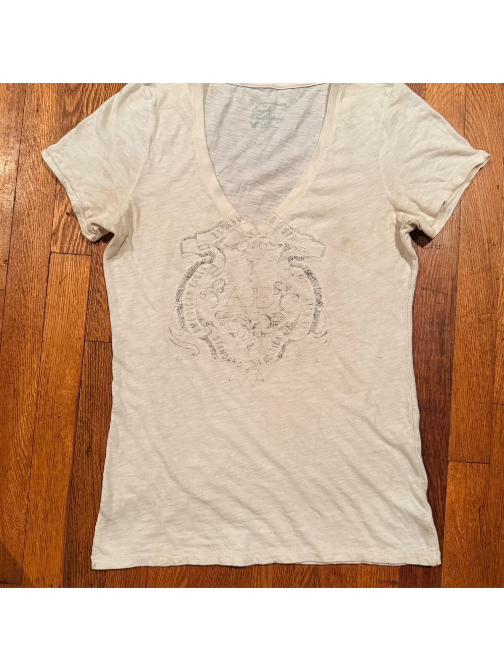 American Eagle Outfitters Women's V-Neck T-Shirt with Beaded Crest Logo